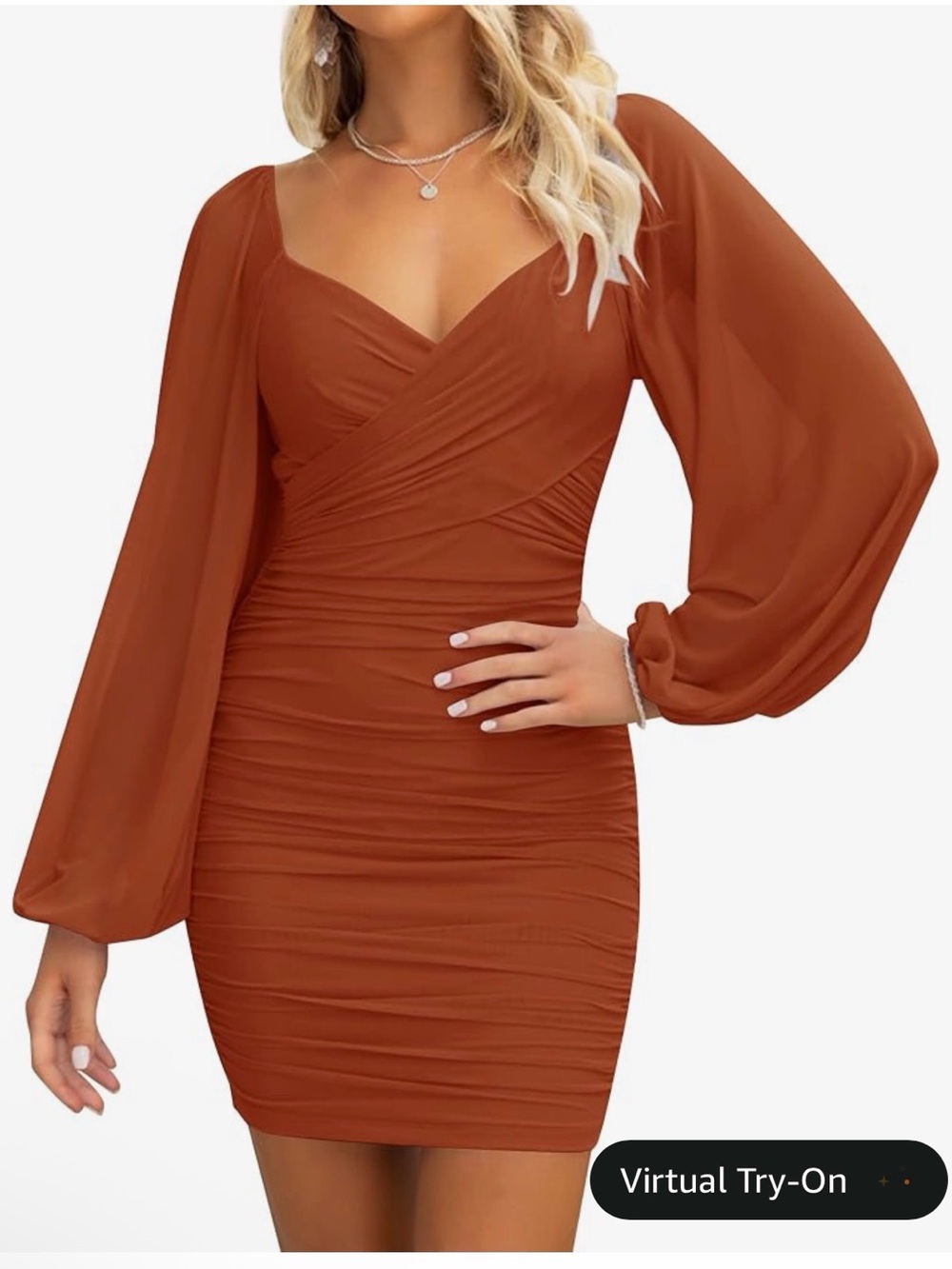 Ruched Rust Long-Sleeve Draped Midi Dress